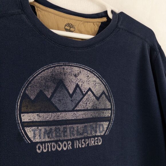 Timberland graphic Print Waffle Knit Thermal Long Sleeve Shirt Blue Men Size XL - Picture 2 of 8